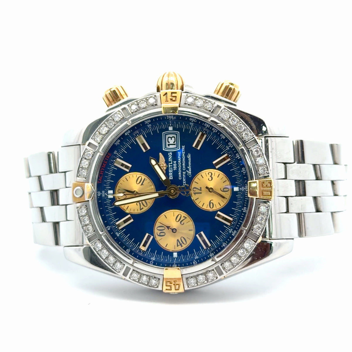Mens Breitling Chronomat Evolution Chronograph 18K Yellow Gold/Steel Diamond Watch