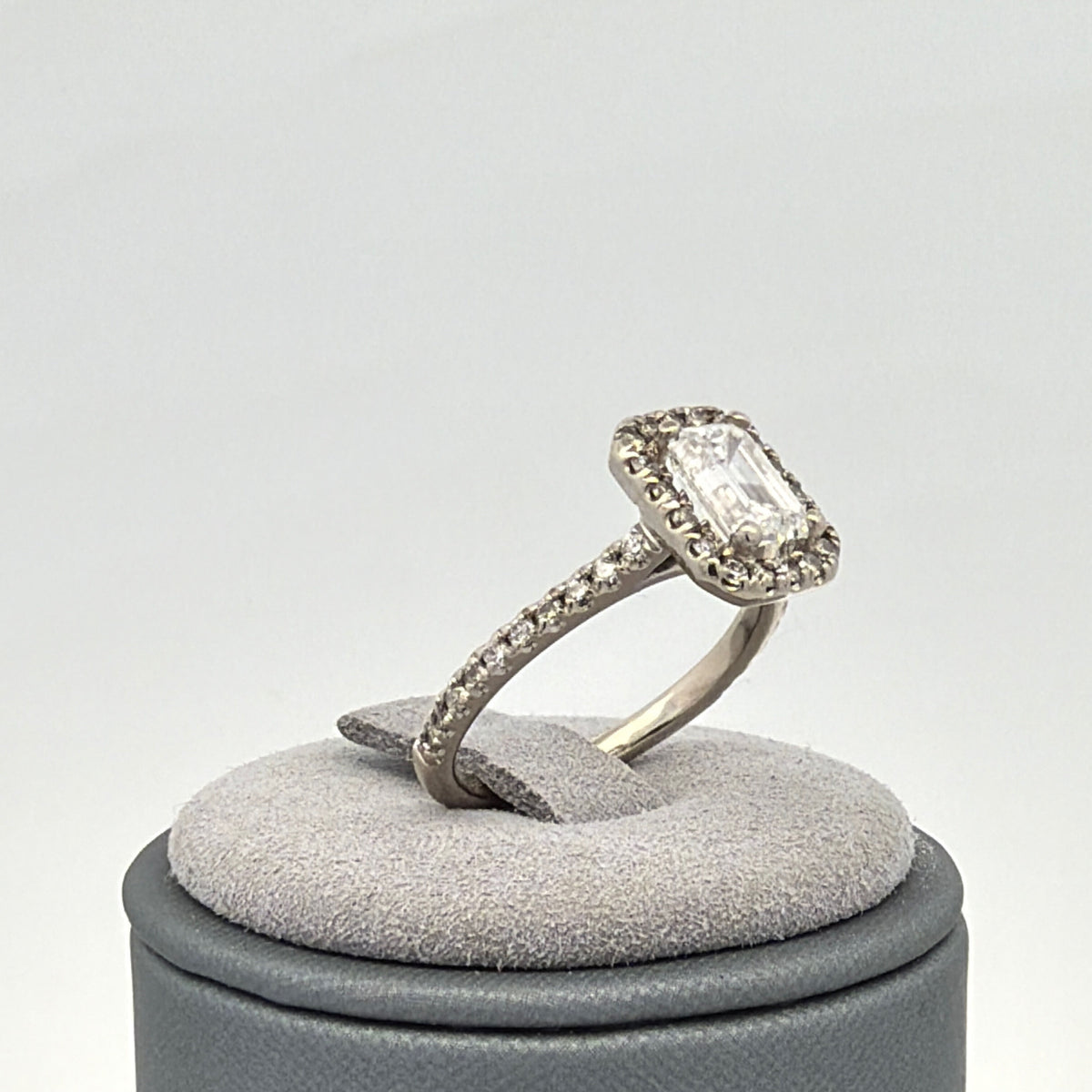 14K White Gold 1.10ct EM Cut Lab Grown Diamond Engagement Ring w/ Halo Setting
