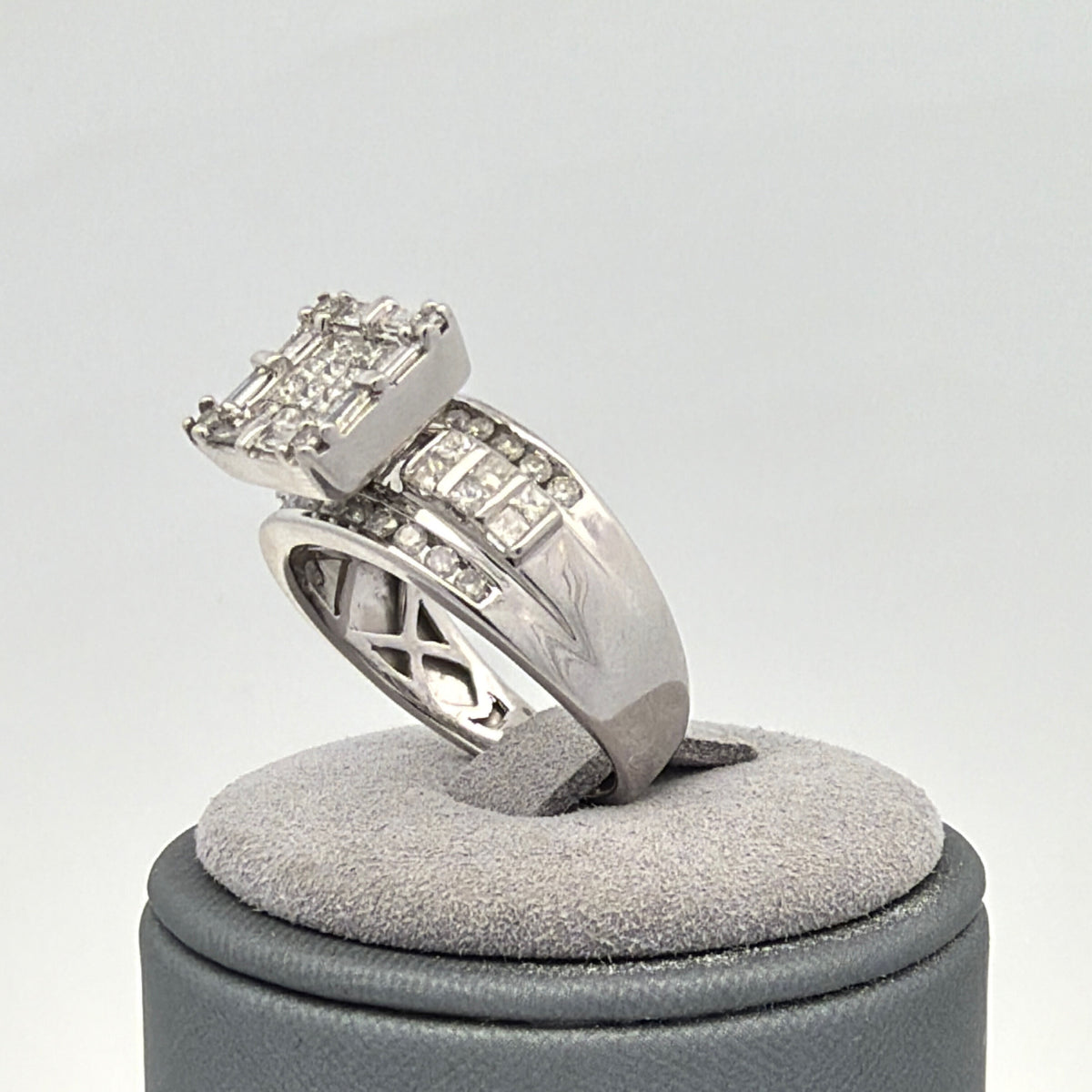 14K White Gold 1.10ctw Diamond Cluster Ring, Princess, Round & Baguette