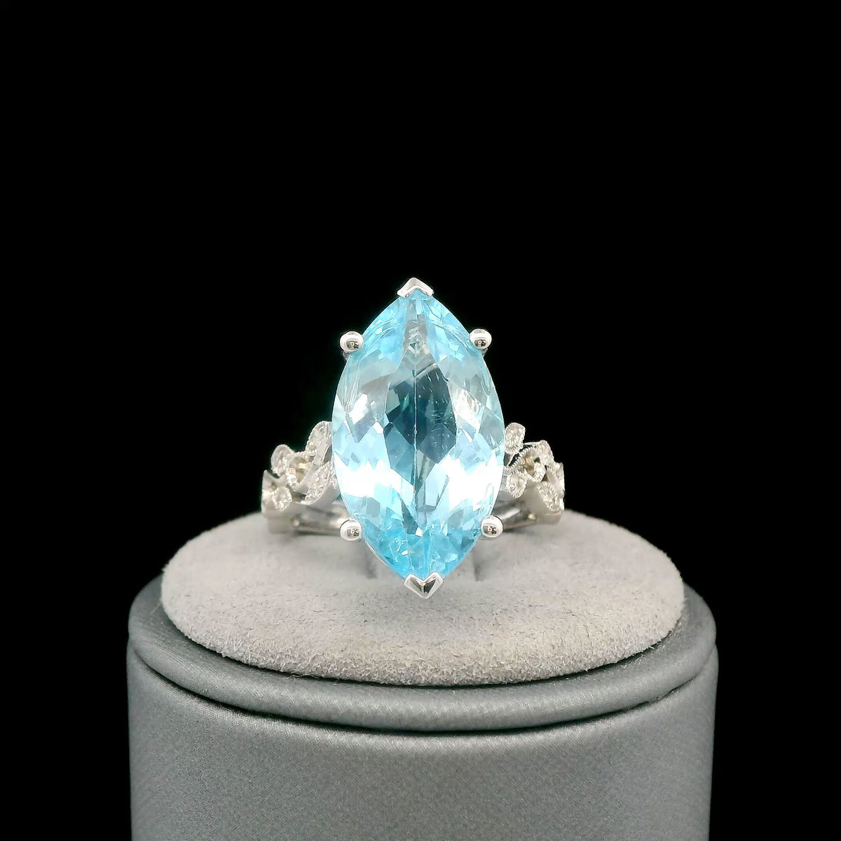 14K White Gold Blue Topaz And Diamond Cocktail Ring, 9.12 CTW, Size 6.5