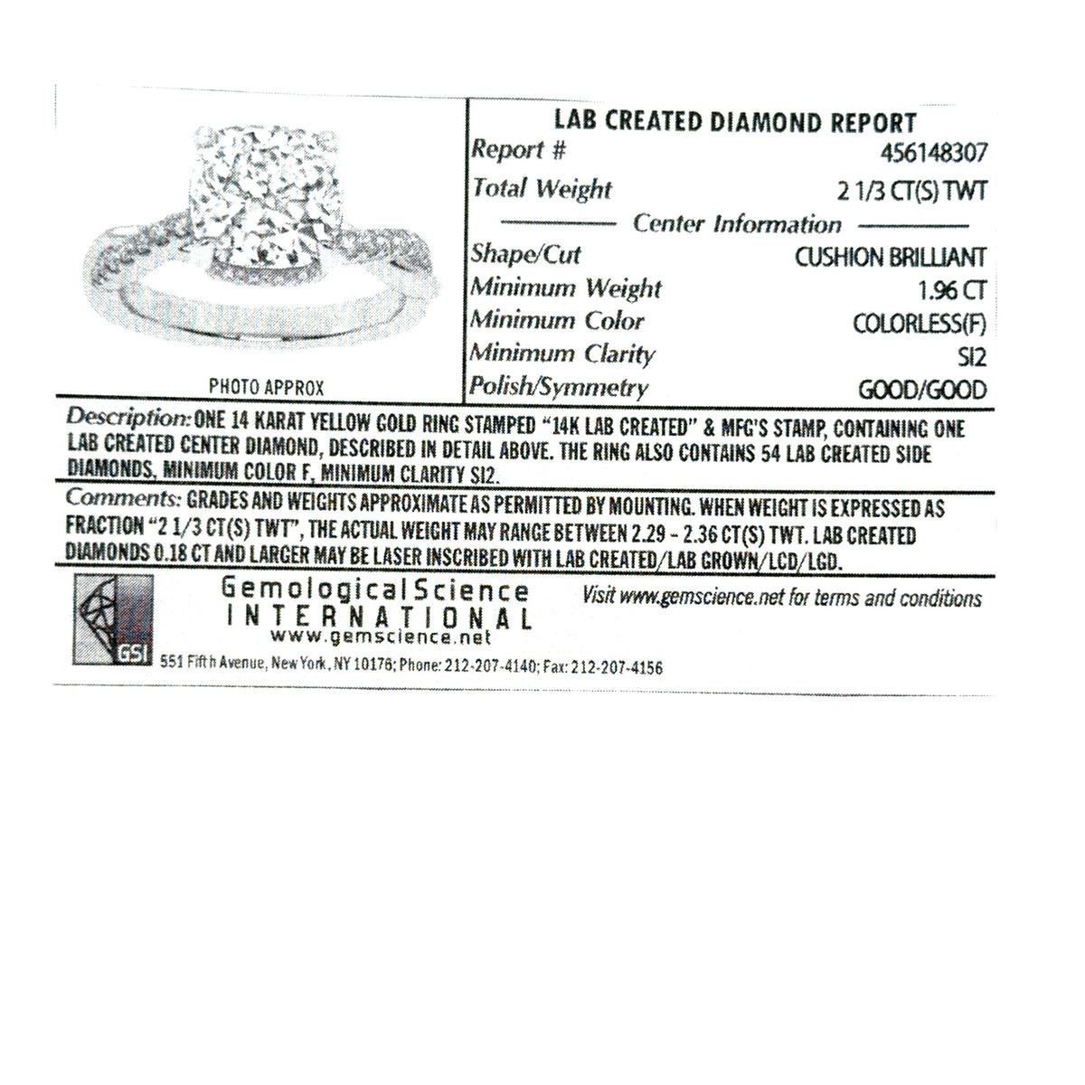14K Yellow Gold Lab Grown Diamond Engagement Ring 1.96 CTW Cushion Cut