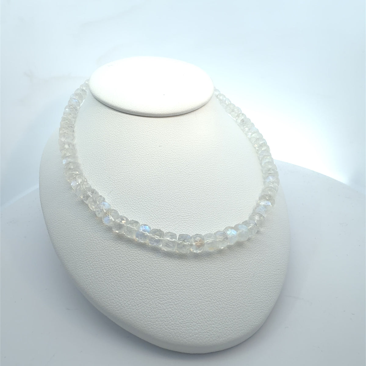 Faceted Rainbow Moonstone Necklace, Knotted with Sterling Silver Clasp