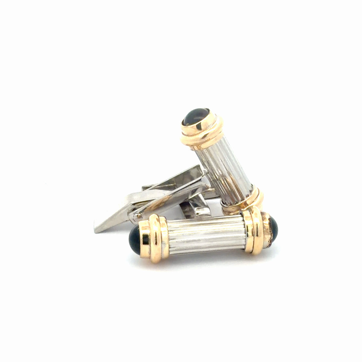 Silver & 14k Yellow Gold Cufflinks with Onyx, Sterling Silver Bezel-Set