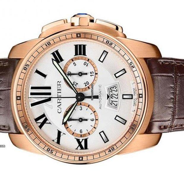Cartier Calibre de Cartier Chronograph Automatic Men's Watch Rose Gold Case With Leather Strap Authentic Luxury Timepiece