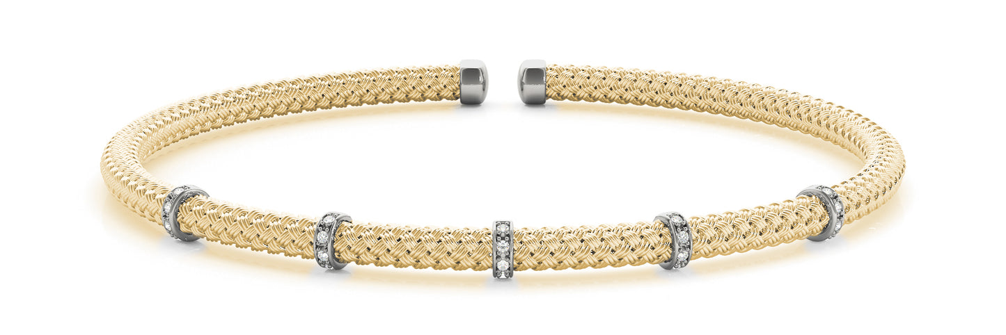 14K White and Yellow Gold Bangle Italian Made With 0.09 TCW Diamond (I1, H-I)