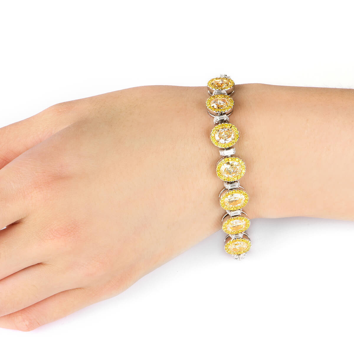 18K White Gold Statement Bracelet With 7.08 TCW Yellow Oval Shape Natural Diamond, EG_LAB Certified
