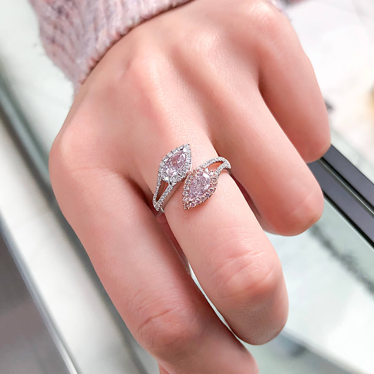 18K White Gold Statement Ring With 1.01 TCW Pink Pear Shape Natural Diamond, GIA Certified