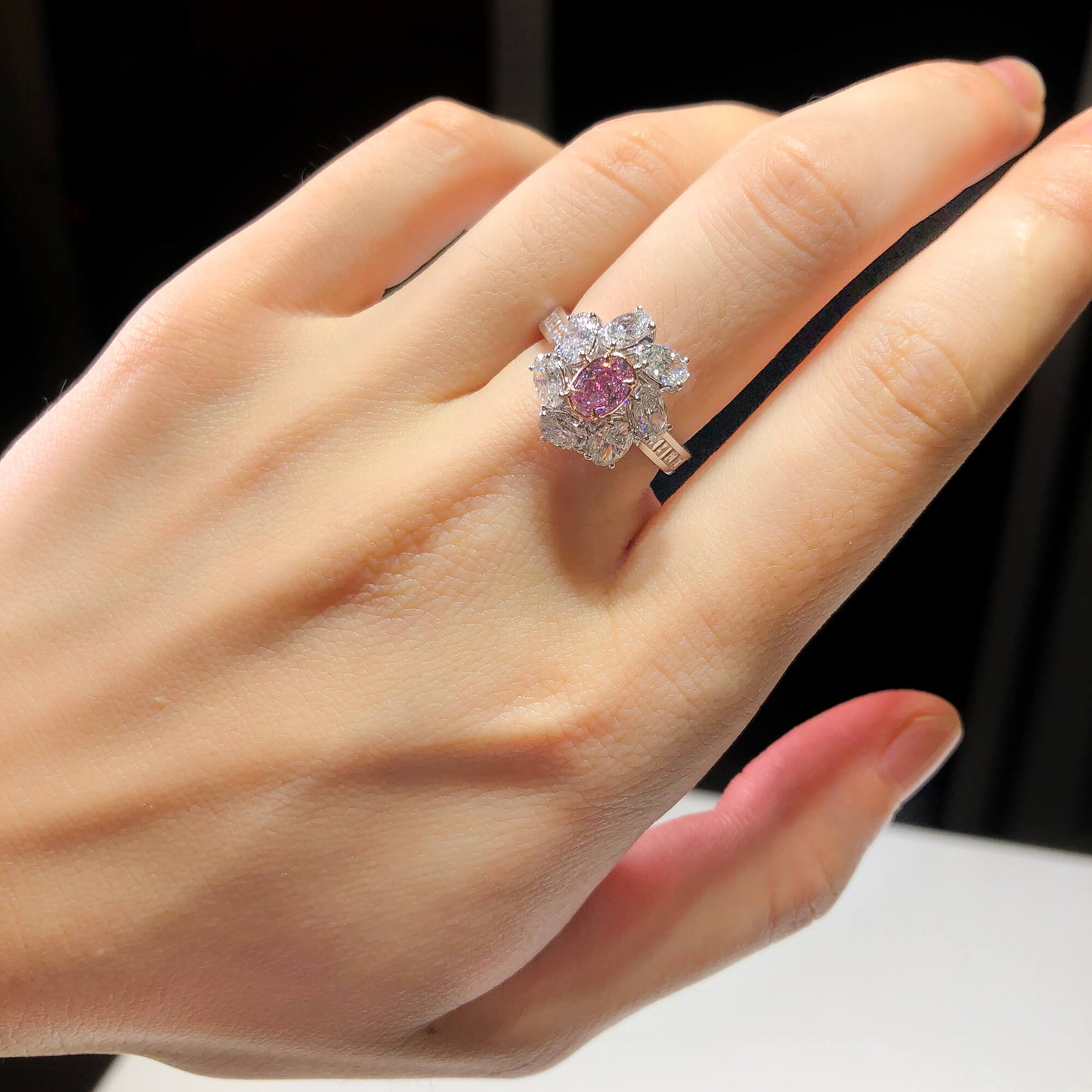 18K White & Rose Gold Statement Ring With 0.45 TCW Pink Oval Shape Natural Diamond, GIA Certified
