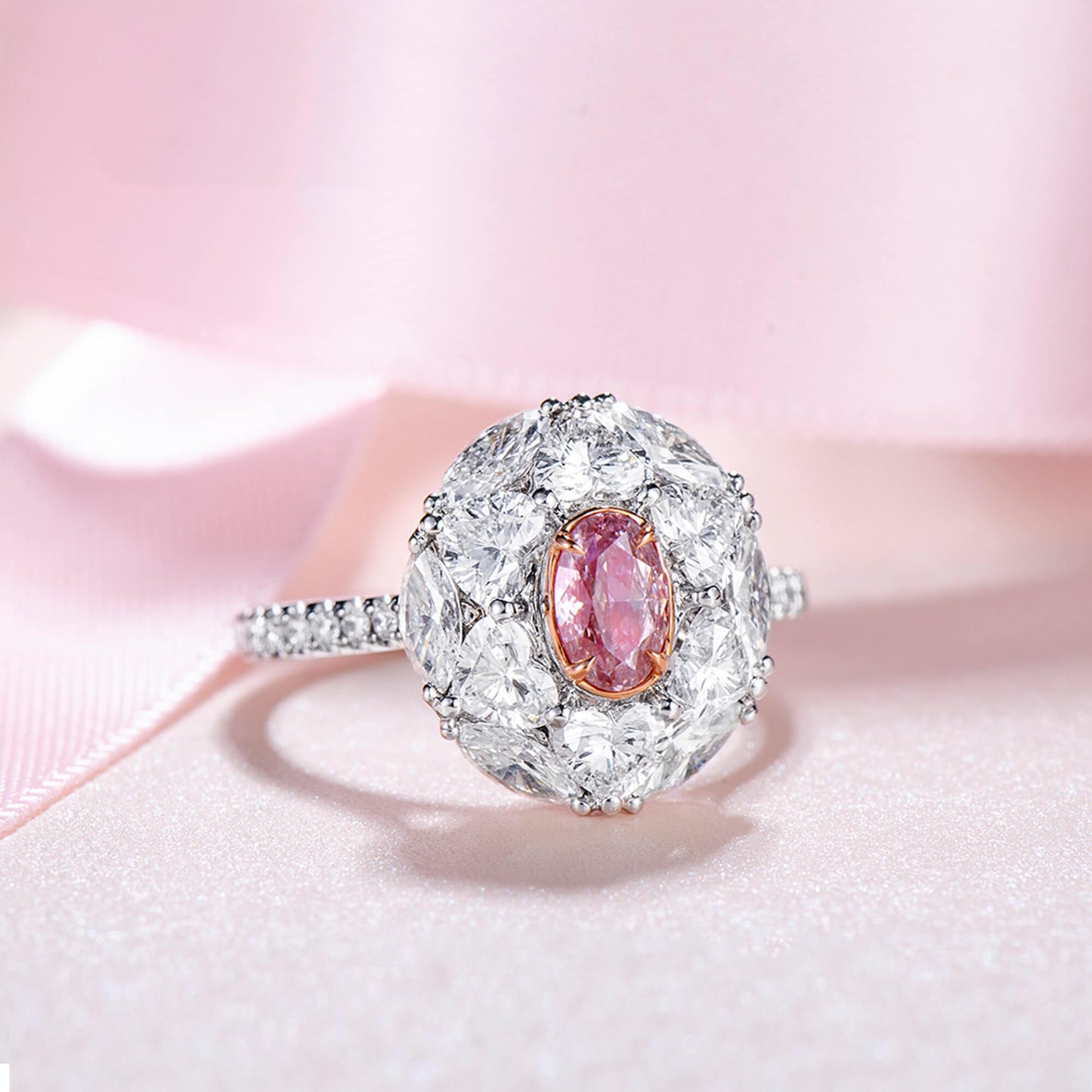 18K White & Rose Gold Statement Ring With 0.51 TCW Pink Oval Shape Natural Diamond, GIA Certified
