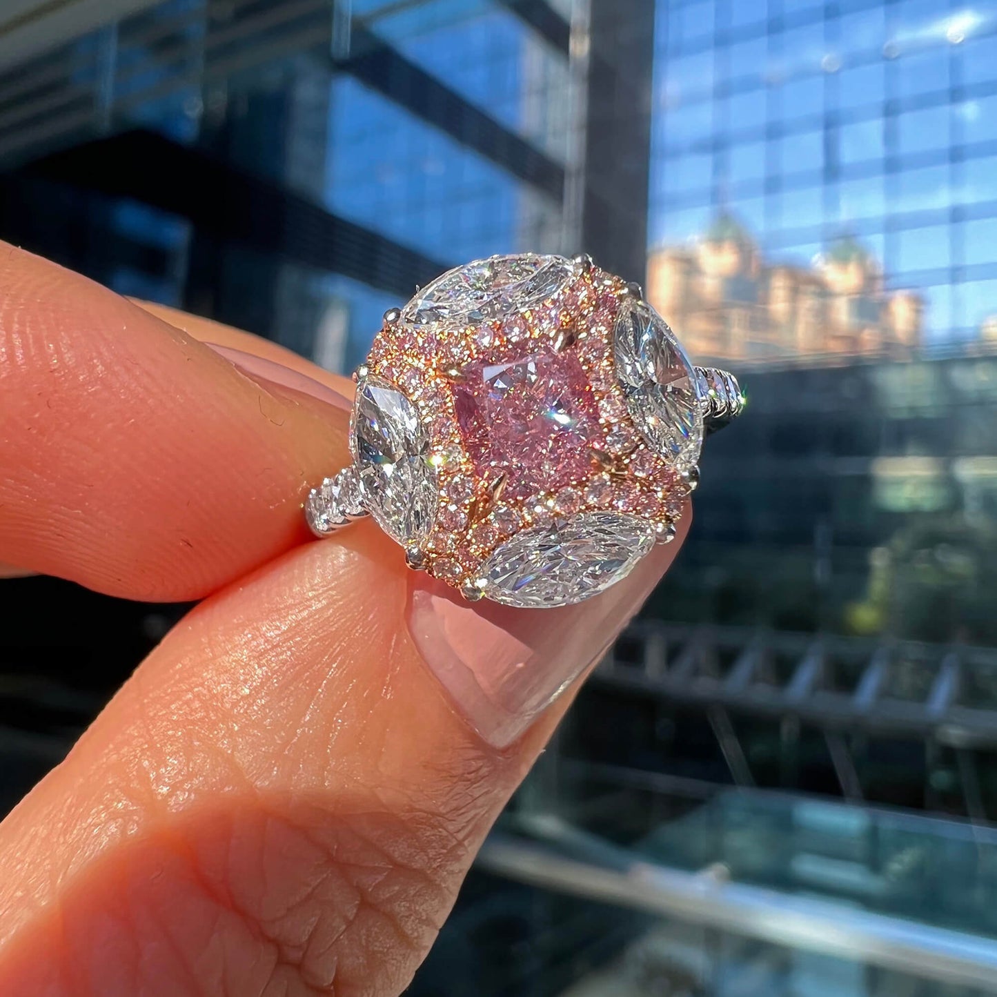 18K White & Rose Gold Statement Ring With 0.70 TCW Pink Cushion Shape Natural Diamond, GIA Certified