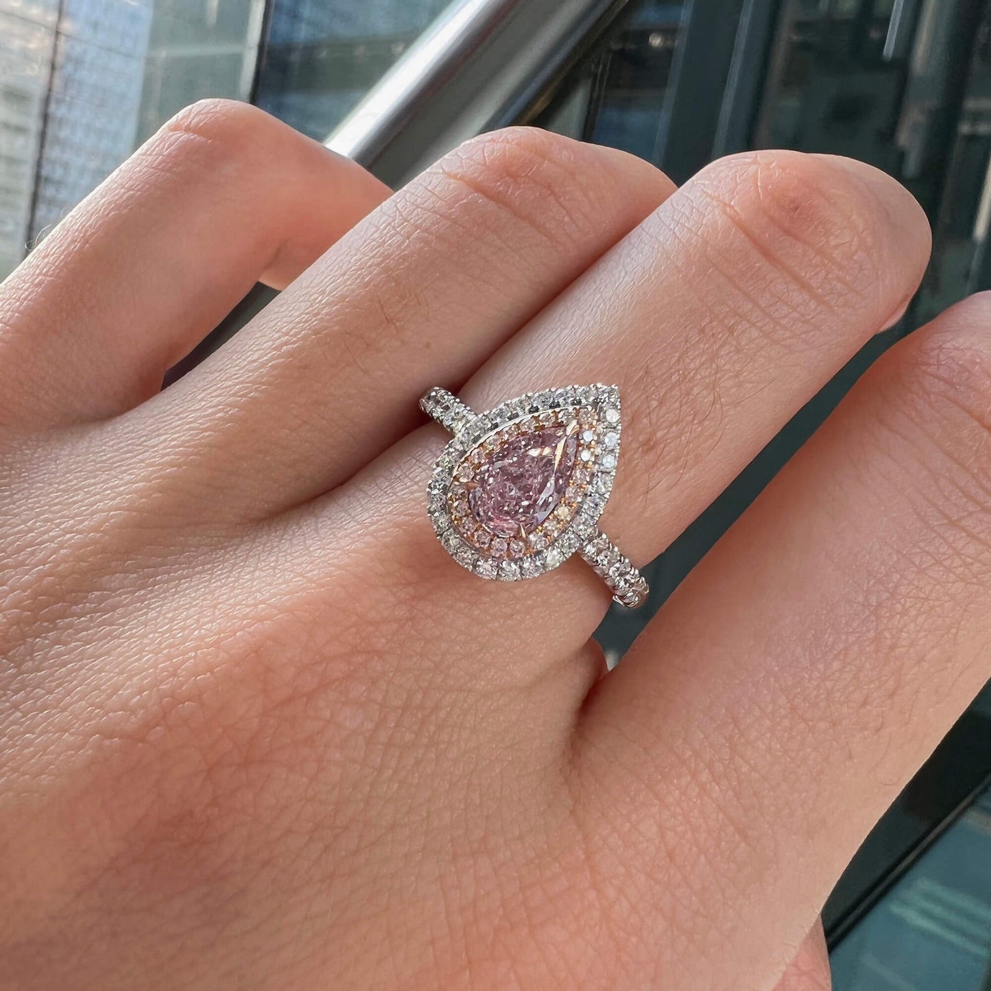 18K White & Rose Gold Statement Ring With 0.68 TCW Pink Pear Shape Natural Diamond, GIA Certified