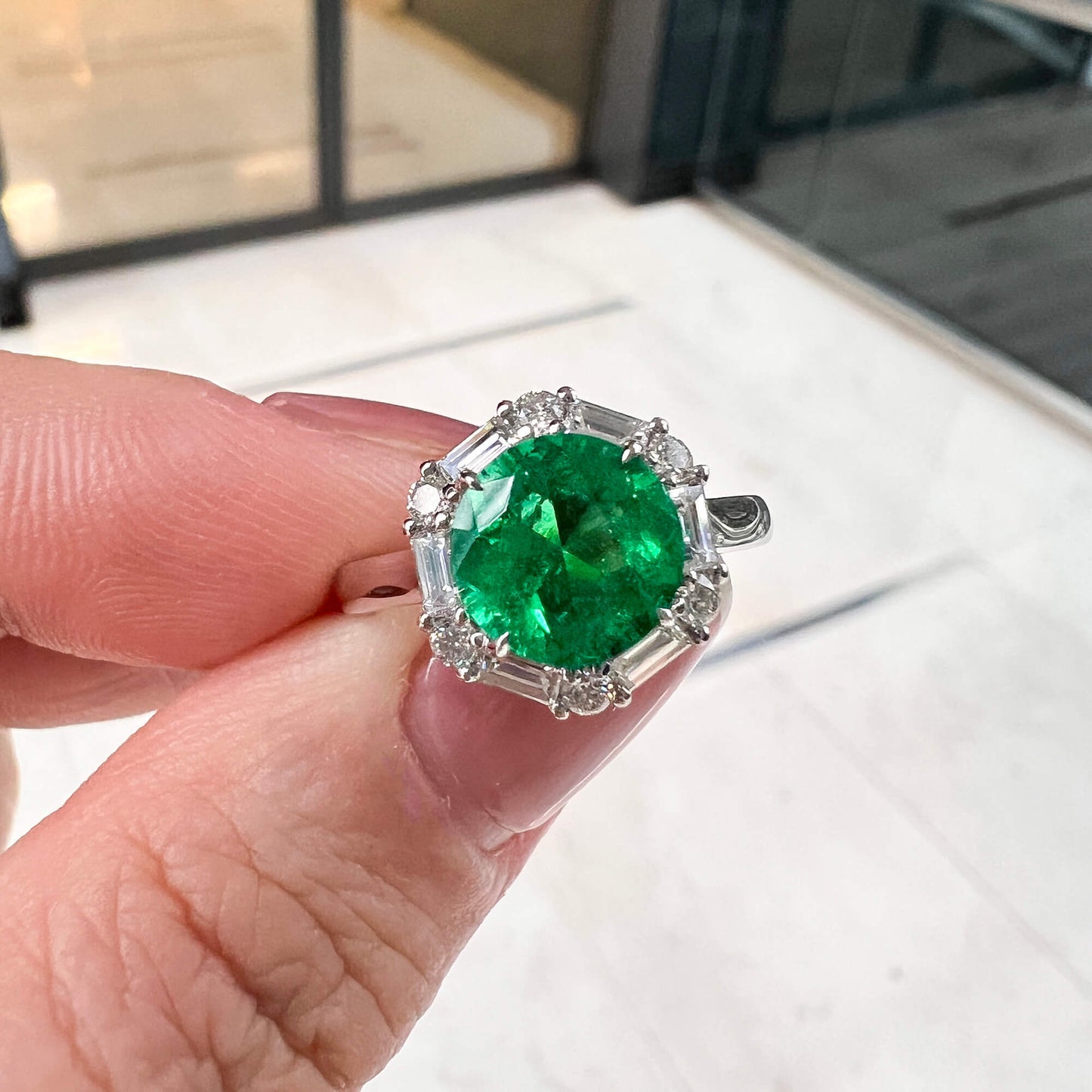 18K White Gold Statement Ring With 1.82 TCW Round Shape Natural Emerald, GRS Certified