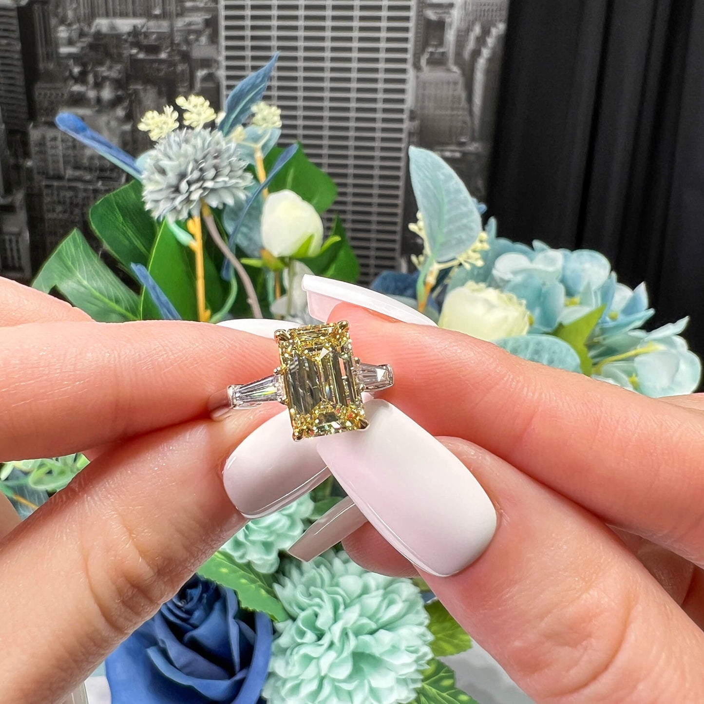 18K White & Yellow Gold Statement Ring With 3.03 TCW Yellow Emerald Shape Natural Diamond, GIA Certified