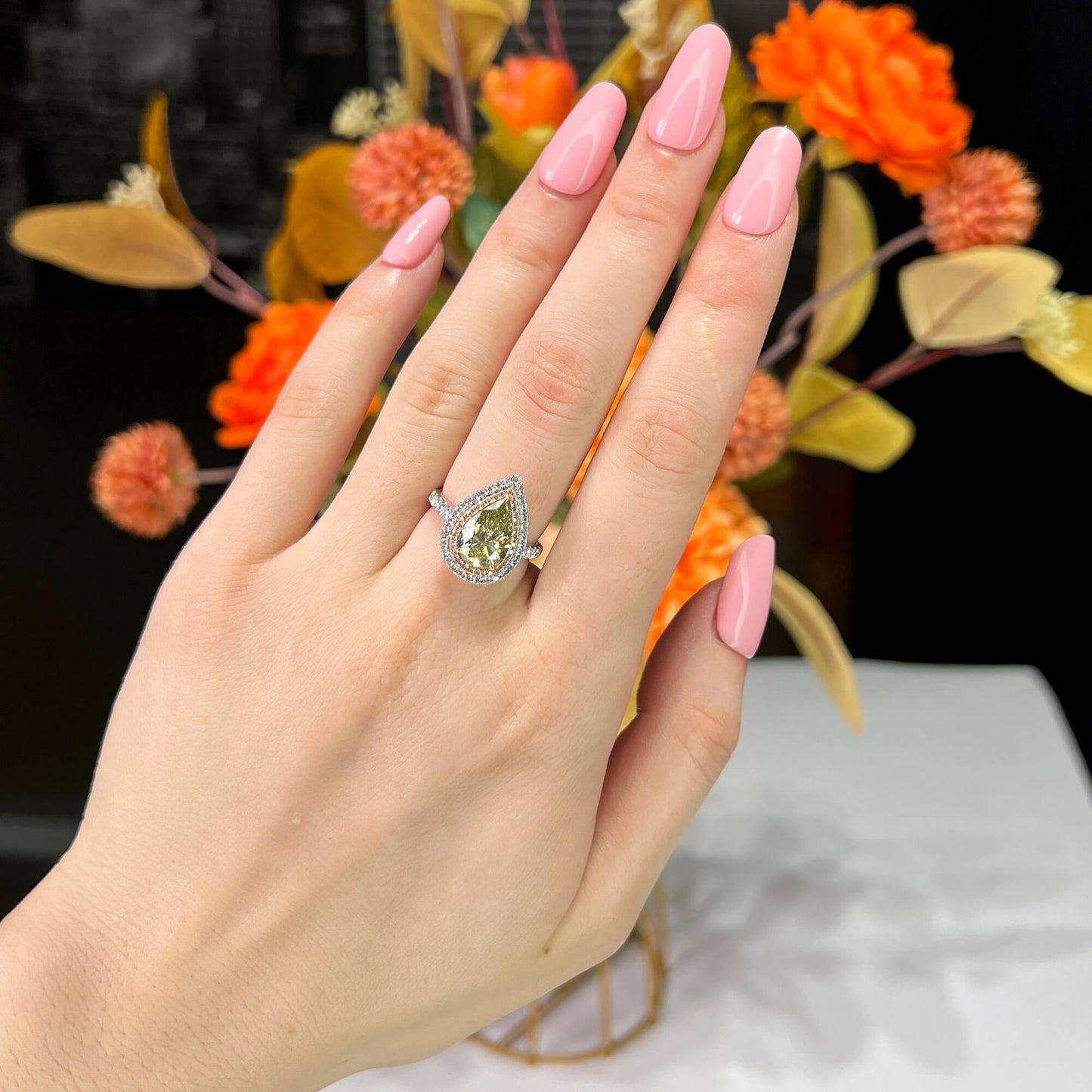 18K White Gold Statement Ring With 2.47 TCW Yellow Pear Shape Natural Diamond, GIA Certified