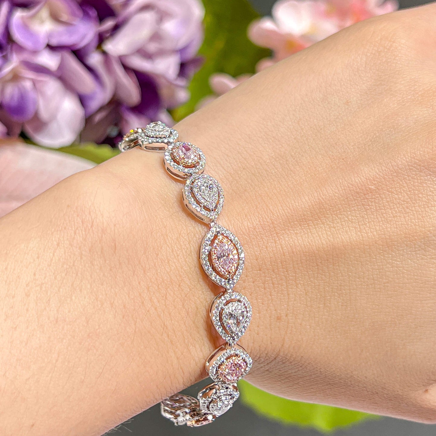 18K White & Rose Gold Statement Bracelet With 2.00 TCW Pink Mix Shape Natural Diamond, EG_LAB Certified