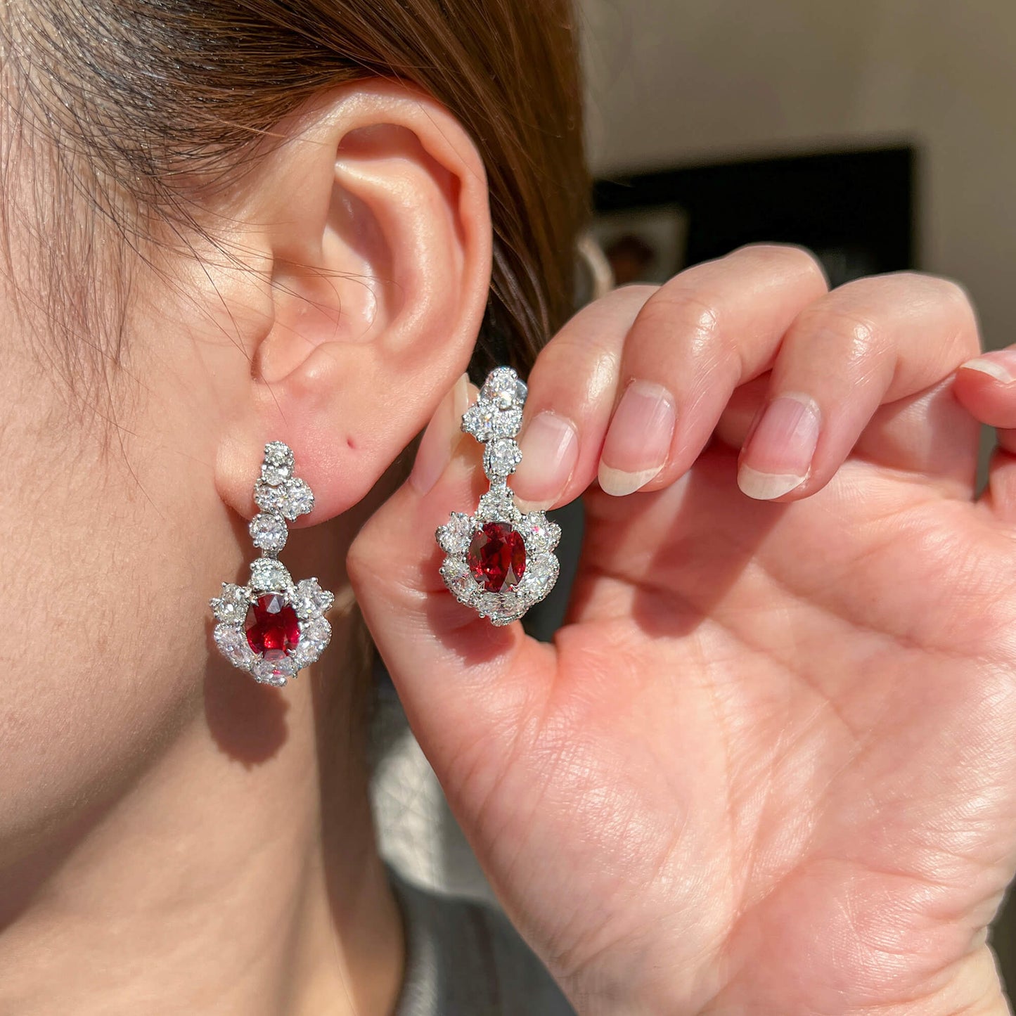 18K White Gold Statement Earrings With 6.10 TCW Oval Shape Natural Ruby, GRS Certified