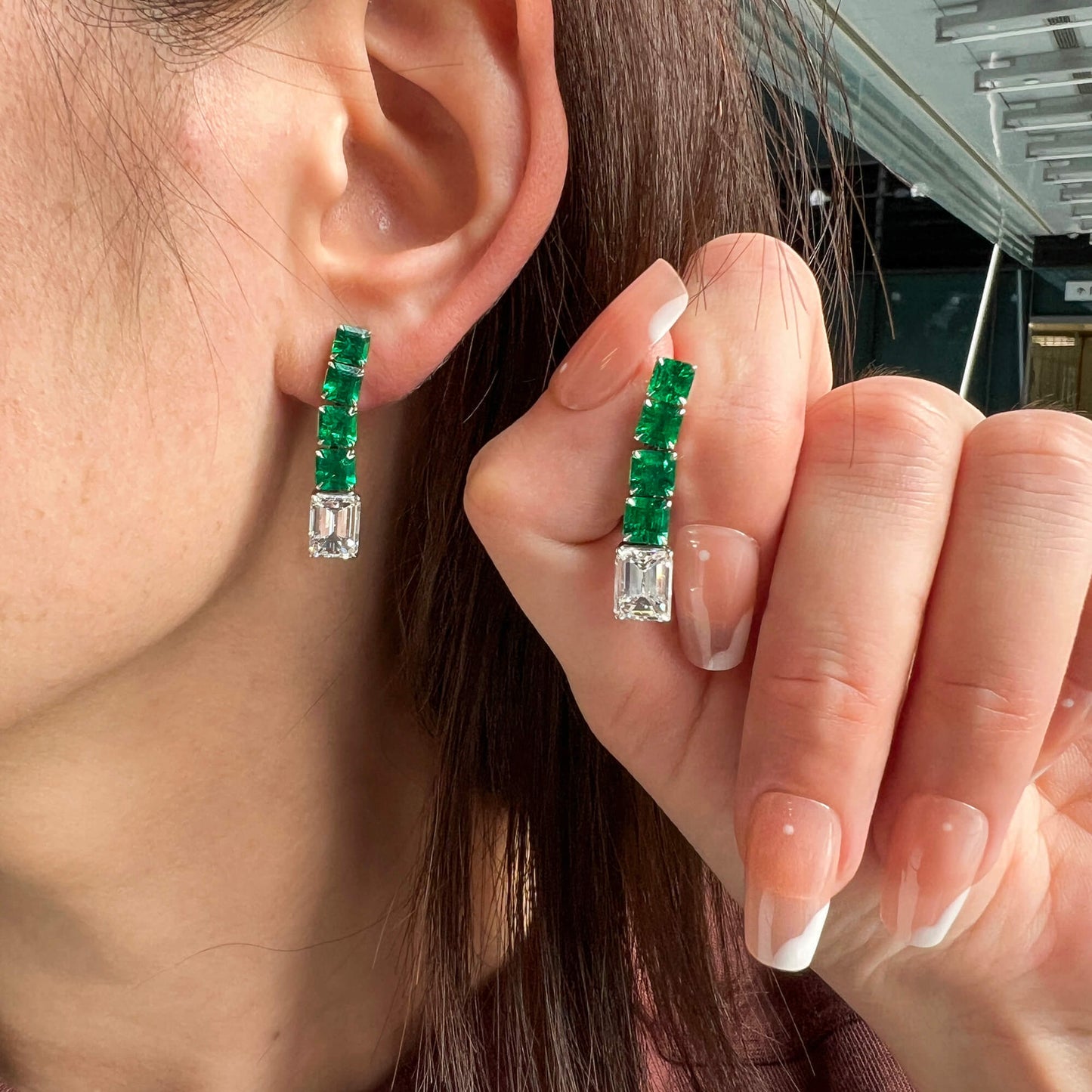 18K White Gold Statement Earrings With 4.02 TCW Emerald Shape Natural Diamond, GIA Certified