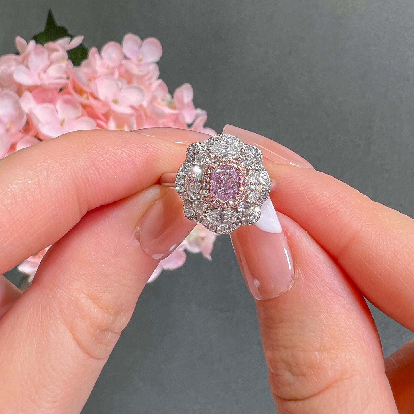 18K White & Rose Gold Statement Ring With 0.50 TCW Pink Cushion Shape Natural Diamond, GIA Certified