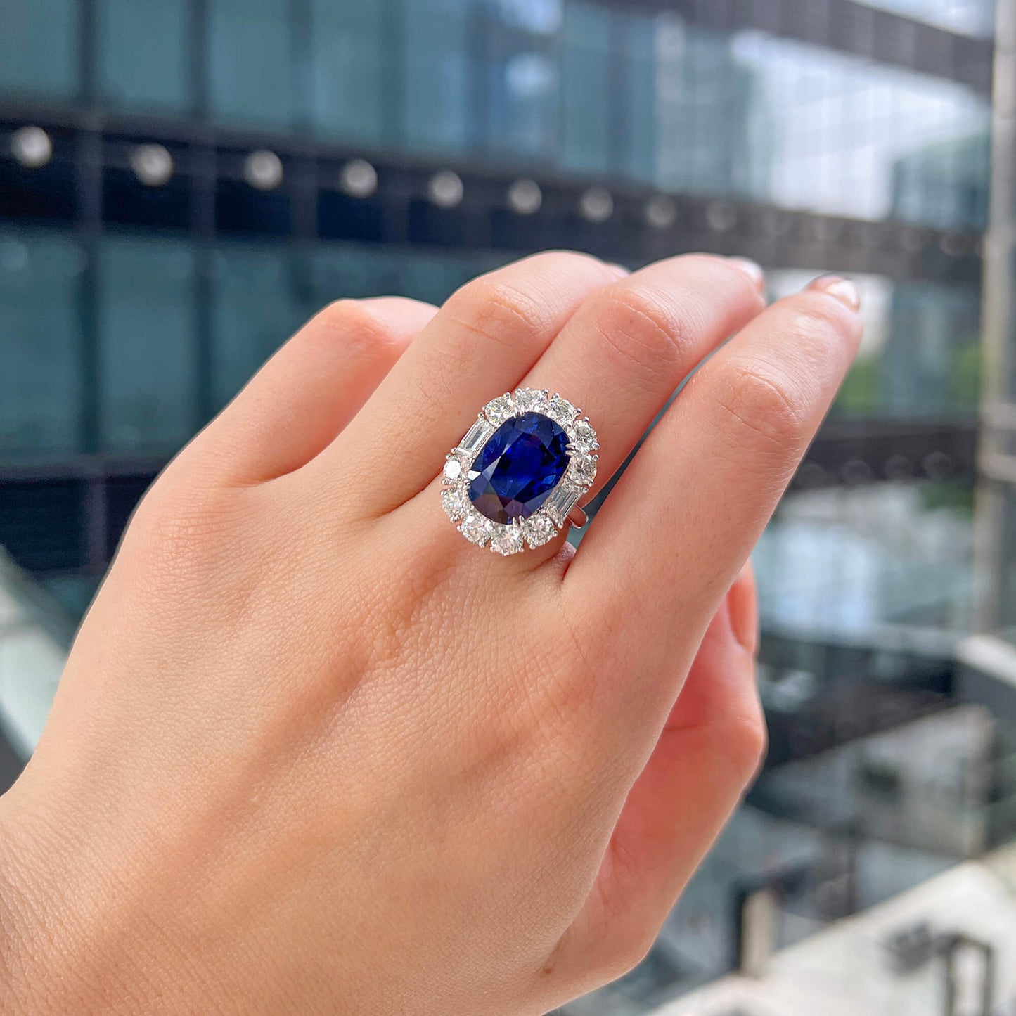 18K White Gold Statement Ring With 9.84 TCW Oval Shape Natural Sapphire, GRS Certified