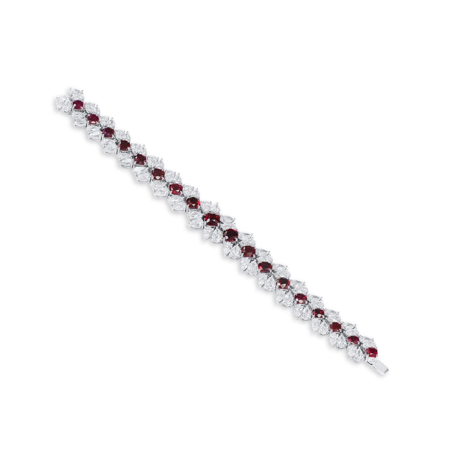 18K White Gold Statement Bracelet With 16.21 TCW Cushion Shape Natural Ruby, GRS Certified