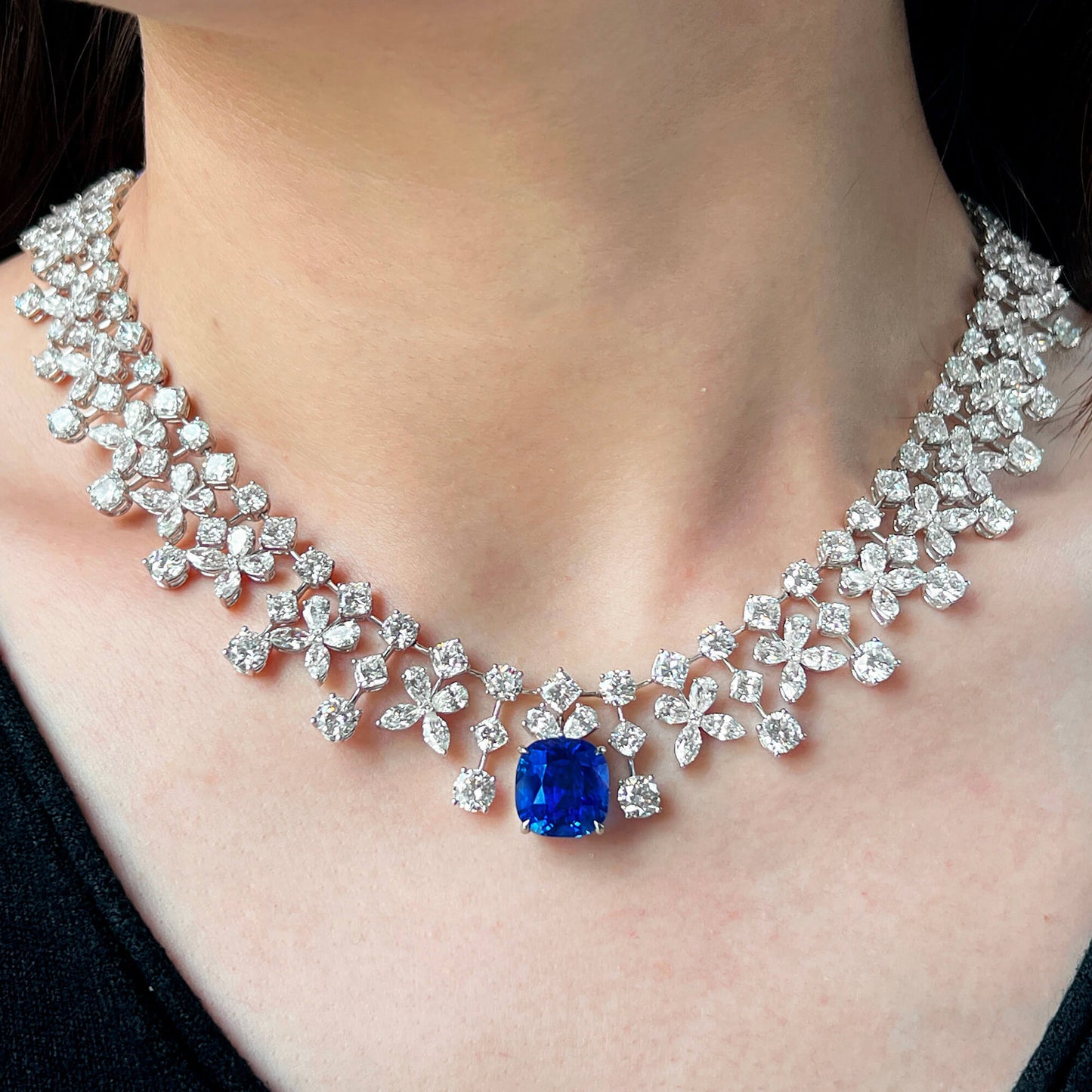 18K White Gold Statement Necklace With 13.04 TCW Cushion Shape Natural Sapphire, GRS Certified