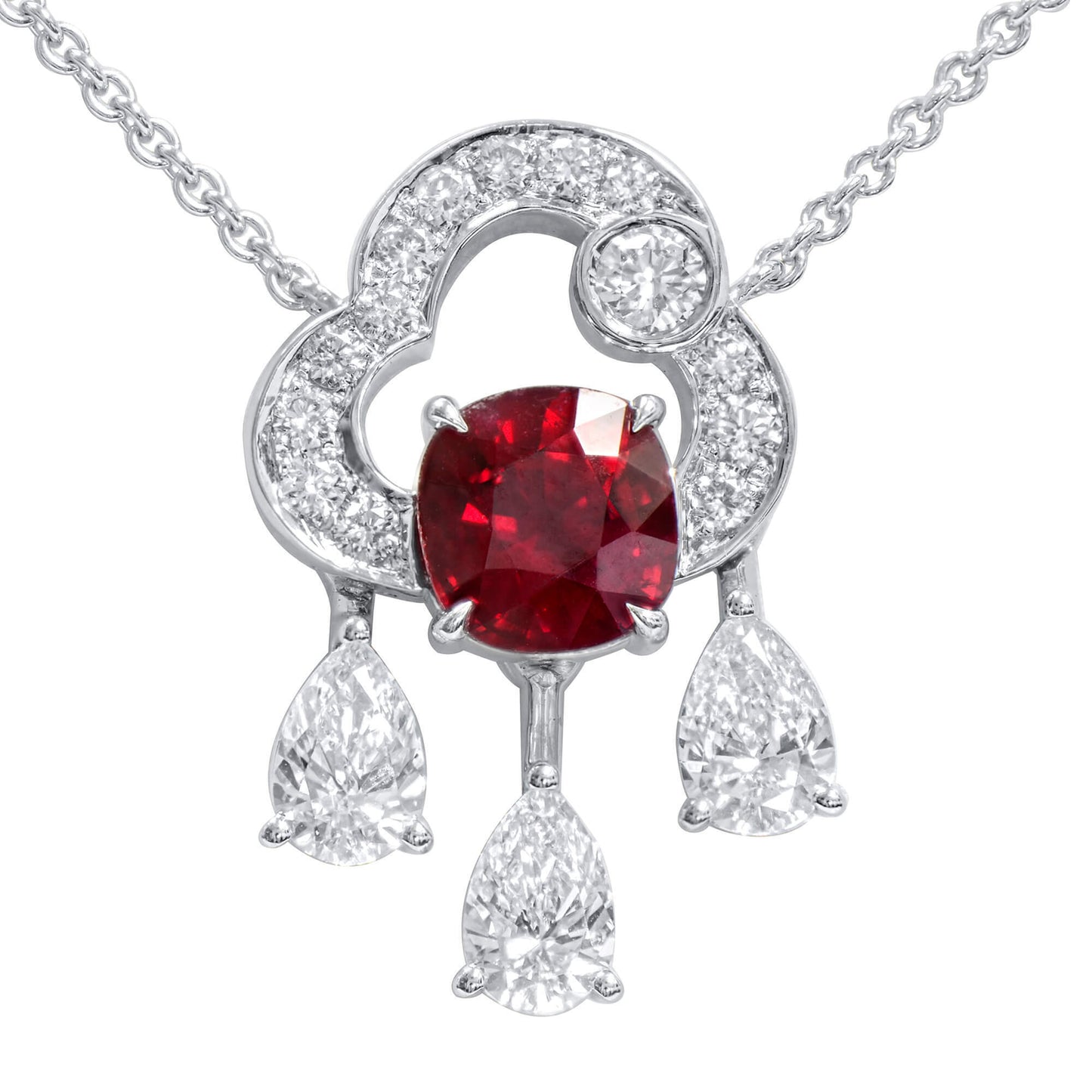 18K White Gold Statement Pendant With 1.65 TCW Cushion Shape Natural Ruby, GRS Certified