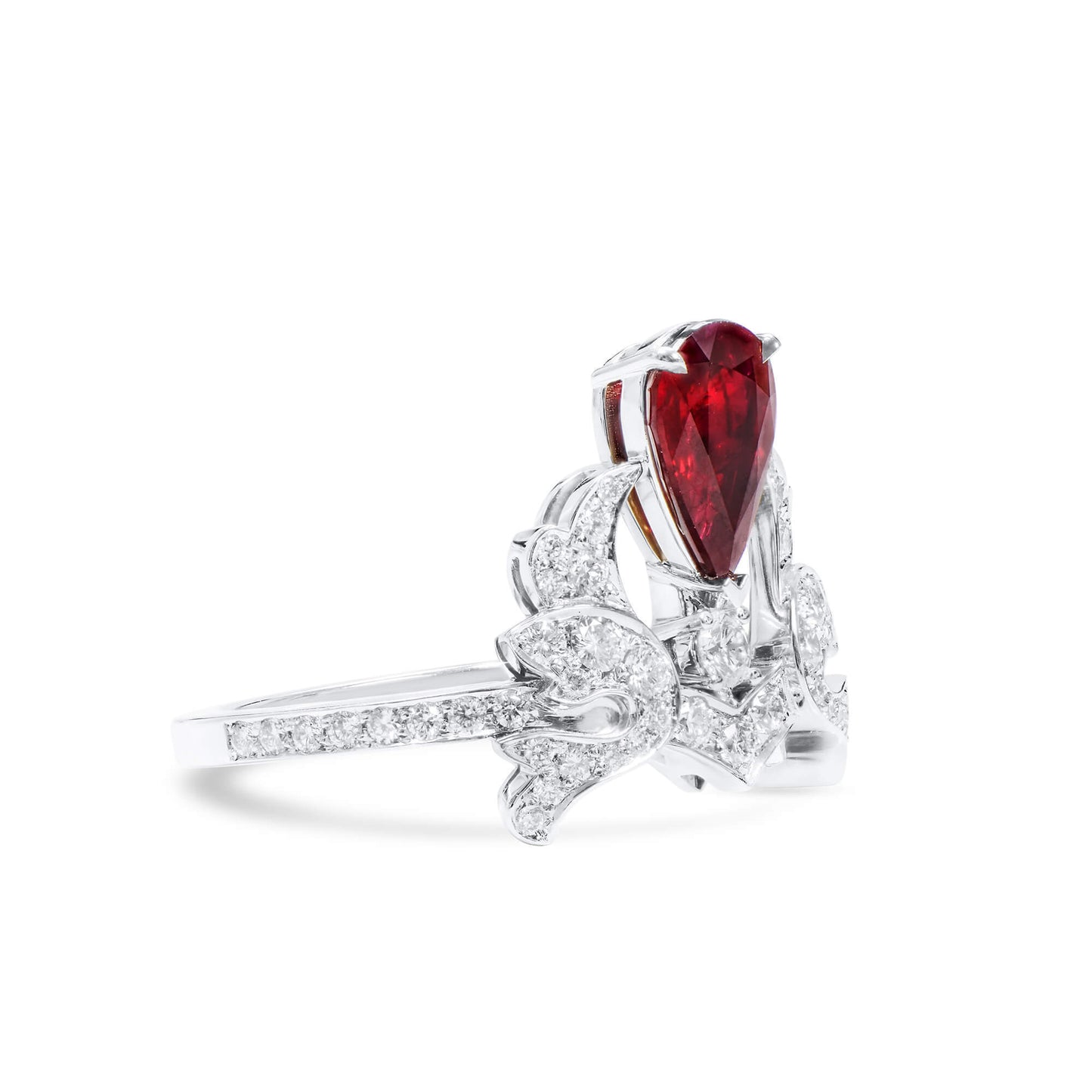 18K White Gold Statement Ring With 1.61 TCW Pear Shape Natural Ruby, GRS Certified
