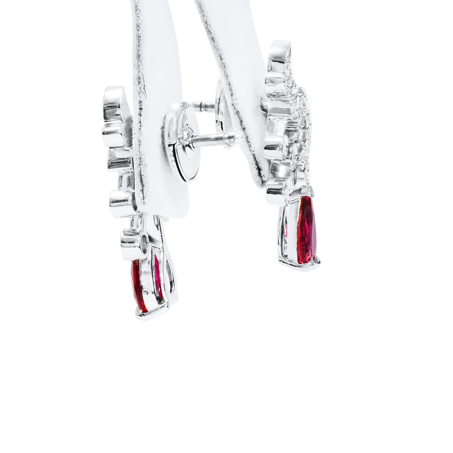 18K White Gold Statement Earrings With 1.36 TCW Pear Shape Natural Ruby, GRS Certified