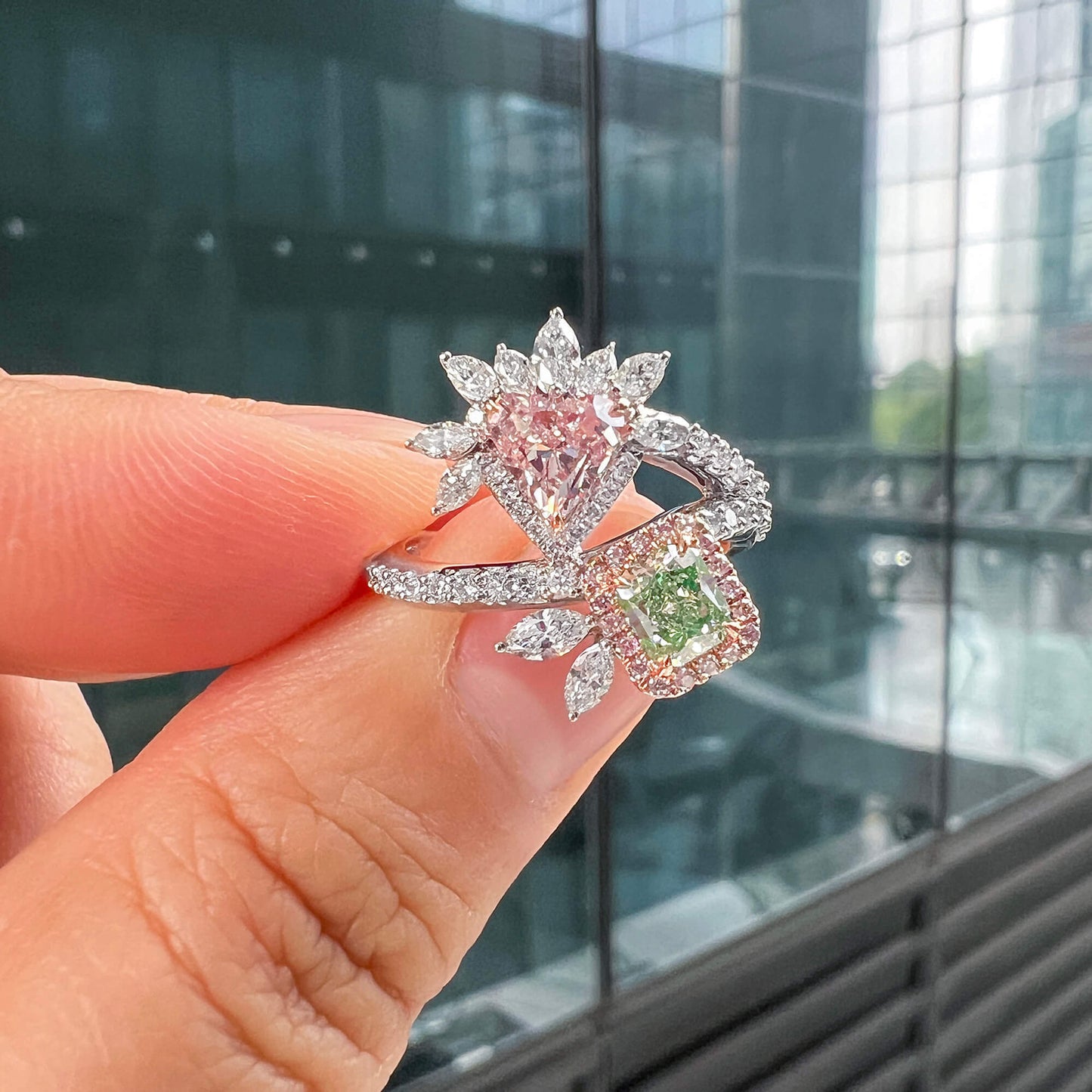 18K White Gold Statement Ring With 1.15 TCW Green Mix Shape Natural Diamond, GIA Certified