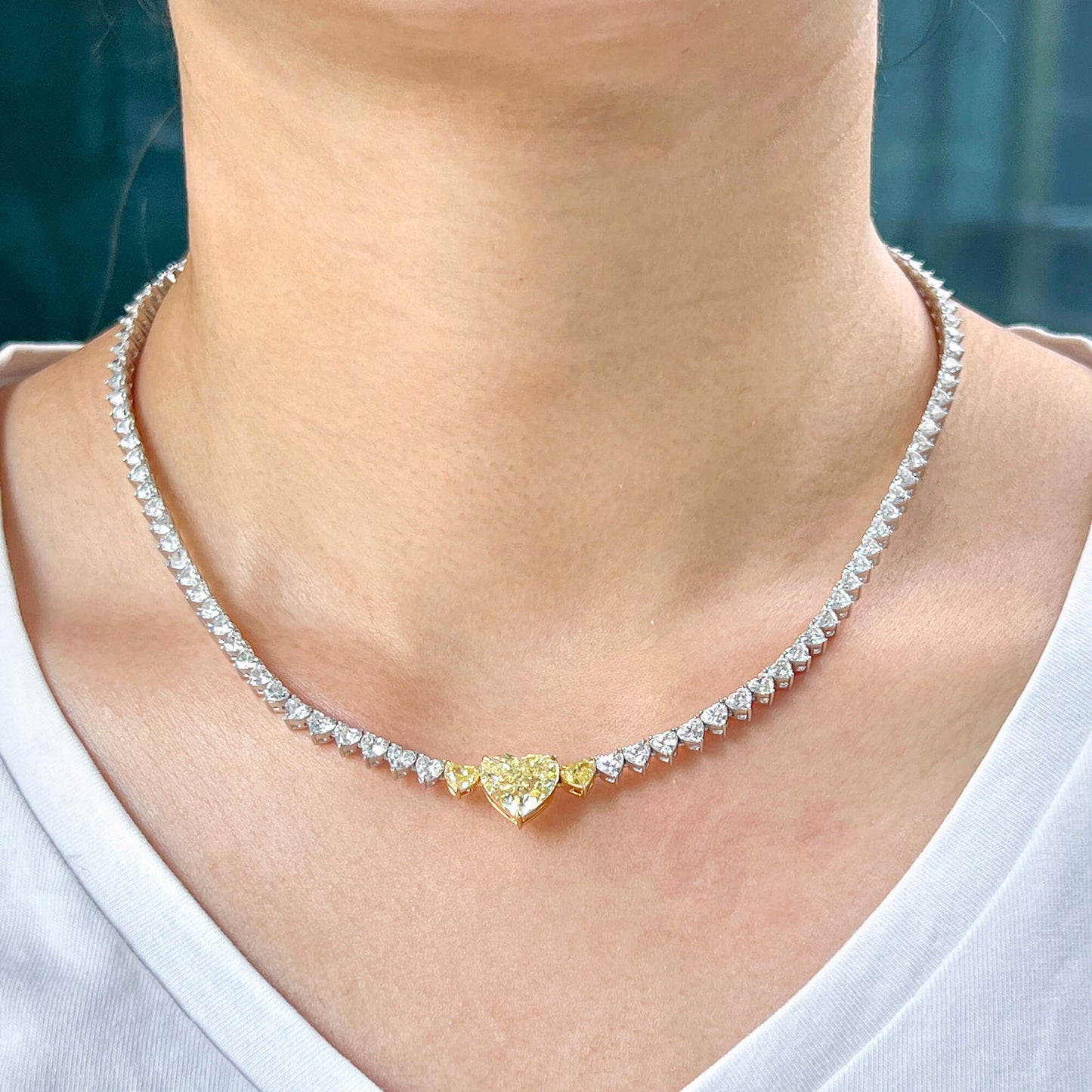 18K White & Yellow Gold Statement Necklace With 3.82 TCW Yellow Heart Shape Natural Diamond, GIA Certified