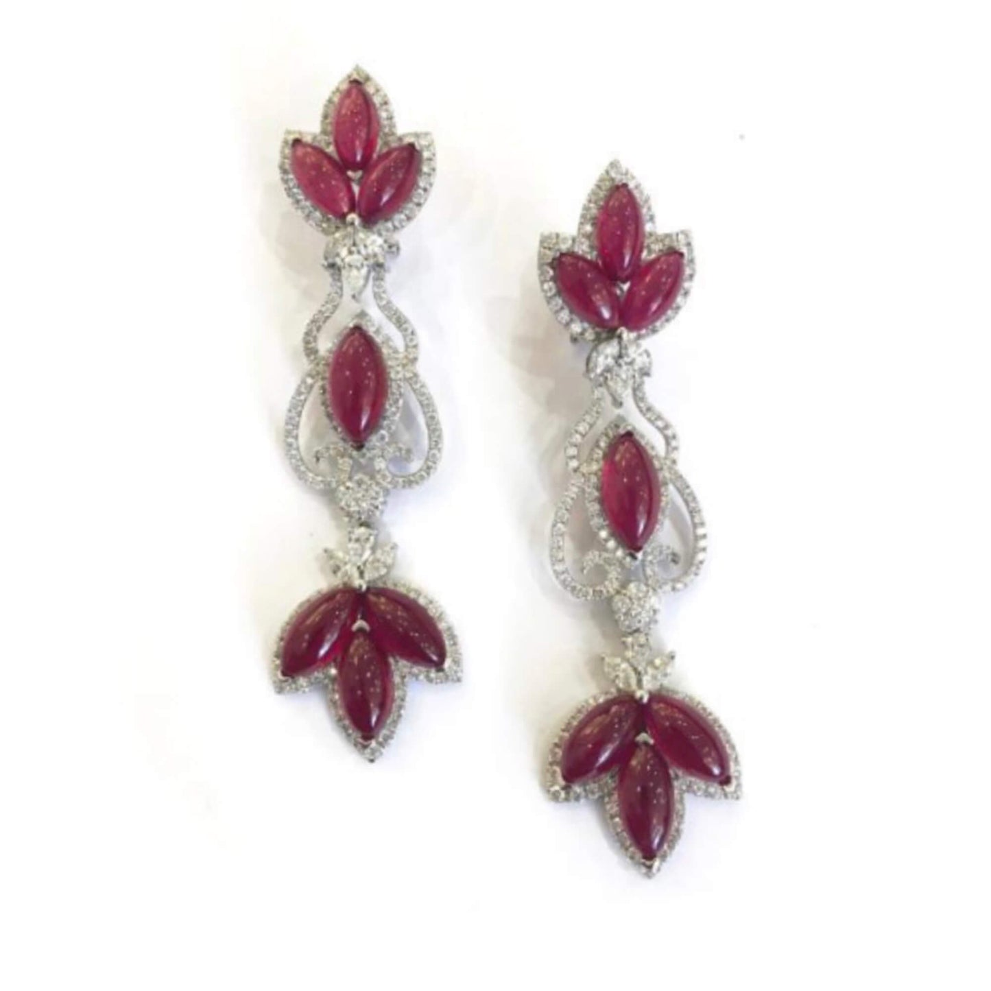 18K White Gold Statement Earrings With 52.62 TCW Mix Shape Natural Ruby, EG_LAB Certified