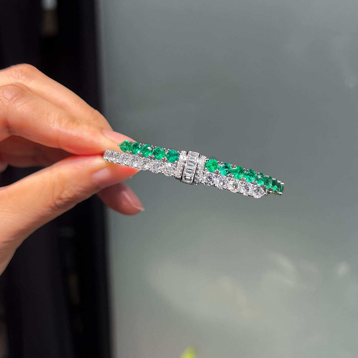 18K White Gold Statement Bracelet With 3.18 TCW Mix Shape Natural Emerald, GIA Certified