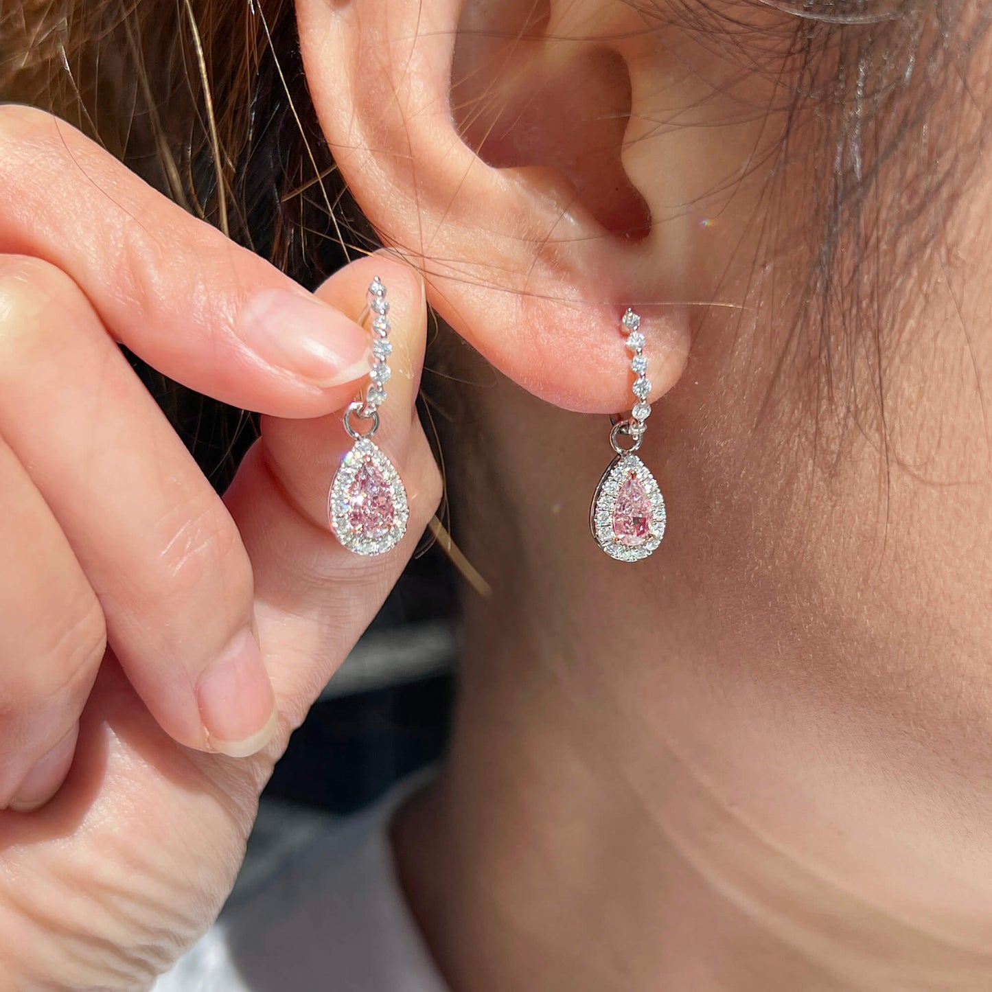 18K White & Rose Gold Statement Earrings With 1.06 TCW Pink Pear Shape Natural Diamond, GIA Certified