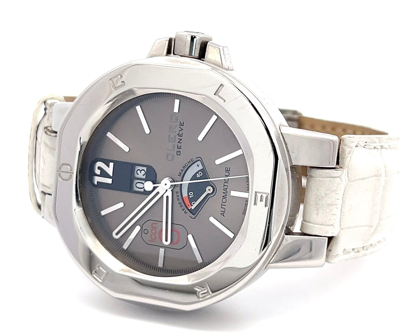 Clerc Icon 8  Power Reserve Automatic Mens Steel Case With Leather Strap Authentic Luxury Timepiece