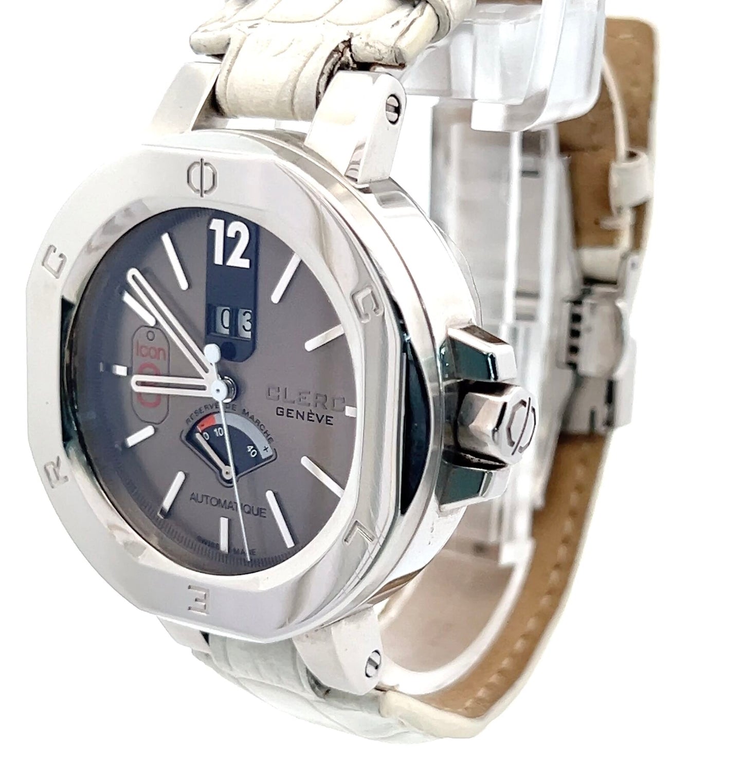 Clerc Icon 8  Power Reserve Automatic Mens Steel Case With Leather Strap Authentic Luxury Timepiece