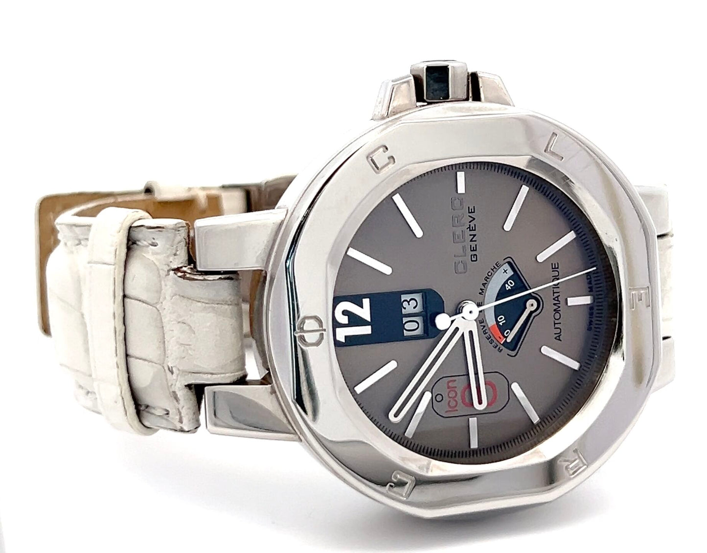 Clerc Icon 8  Power Reserve Automatic Mens Steel Case With Leather Strap Authentic Luxury Timepiece