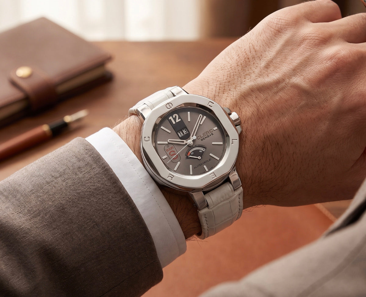 Clerc Icon 8  Power Reserve Automatic Mens Steel Case With Leather Strap Authentic Luxury Timepiece