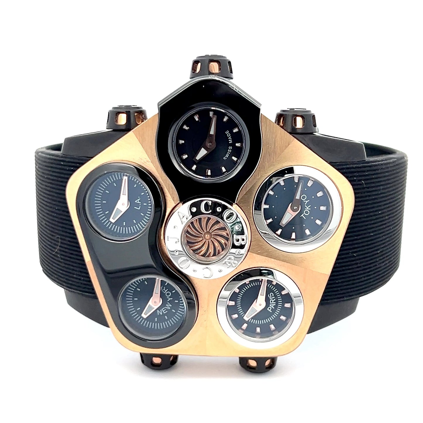 Jacob & Co Grand Quartz Mens Steel / 18k Gold Case With Rubber Strap Authentic Luxury Timepiece