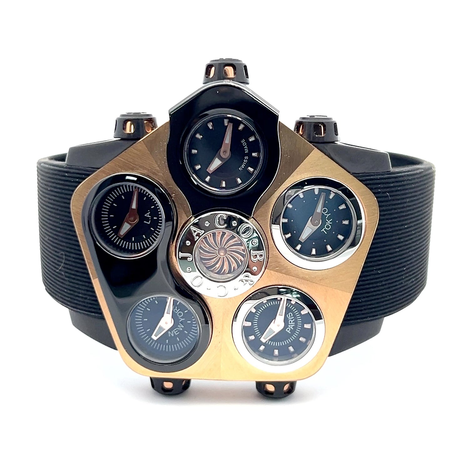 Jacob & Co Grand Quartz Mens Steel / 18k Gold Case With Rubber Strap Authentic Luxury Timepiece