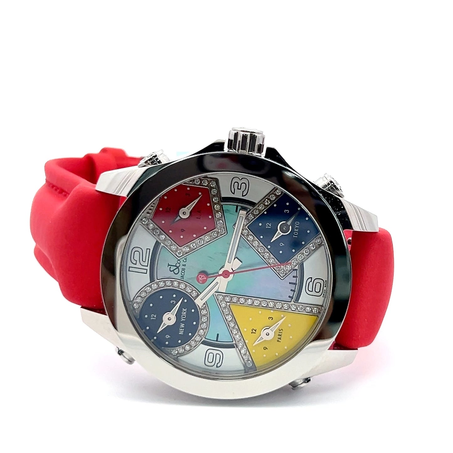 Jacob & Co Five Time Zone Quartz Mens Steel Case With Leather Strap Authentic Luxury Timepiece