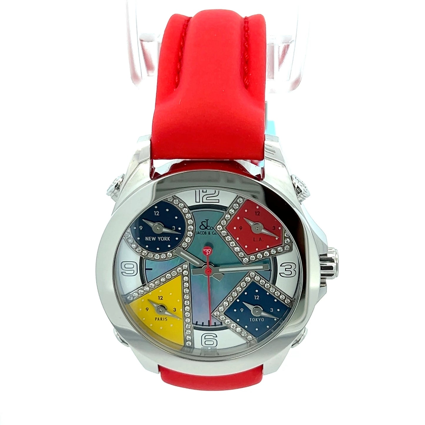 Jacob & Co Five Time Zone Quartz Mens Steel Case With Leather Strap Authentic Luxury Timepiece