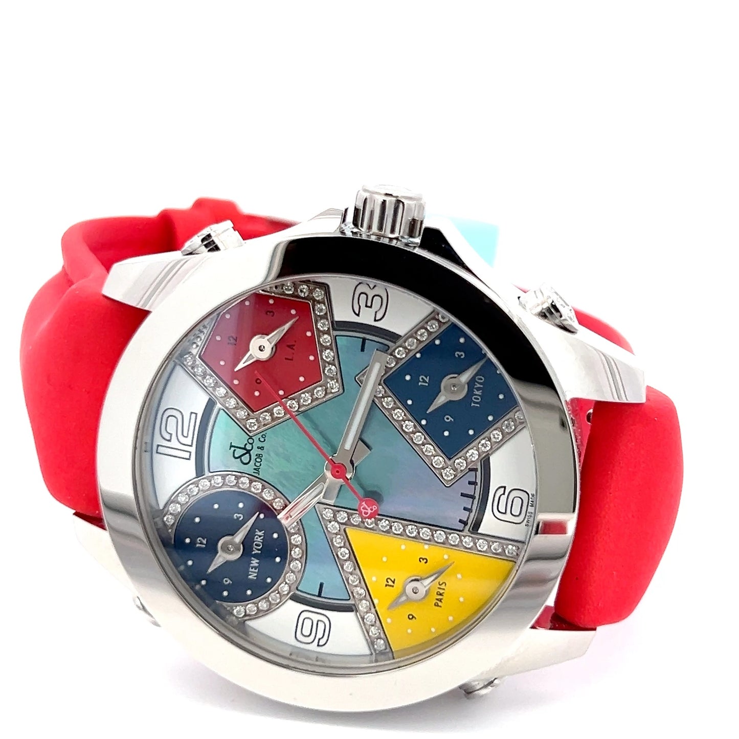 Jacob & Co Five Time Zone Quartz Mens Steel Case With Leather Strap Authentic Luxury Timepiece