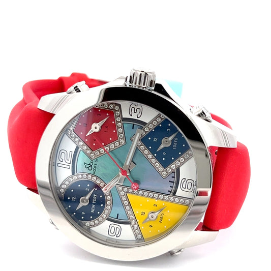 Jacob & Co Five Time Zone Quartz Mens Steel Case With Leather Strap Authentic Luxury Timepiece