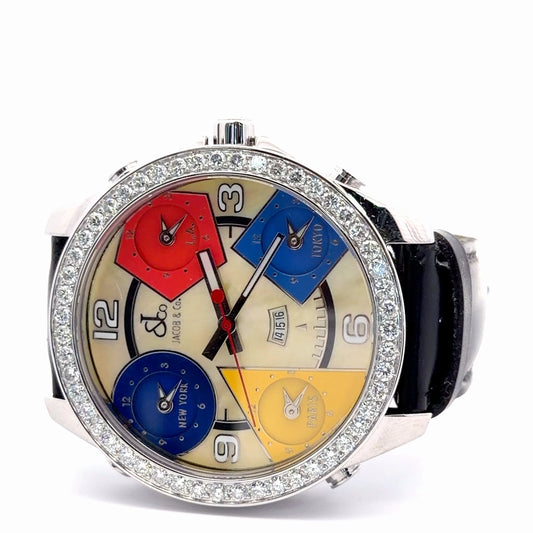 Mens Jacob & Co. Five Time Zone 47mm Quartz Diamond Watch