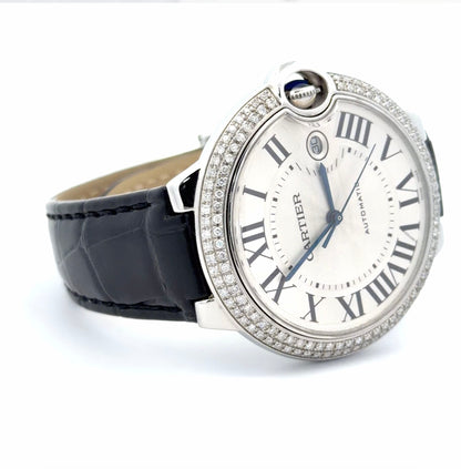 Mens Cartier Ballon Bleu 42mm Steel Diamond Watch