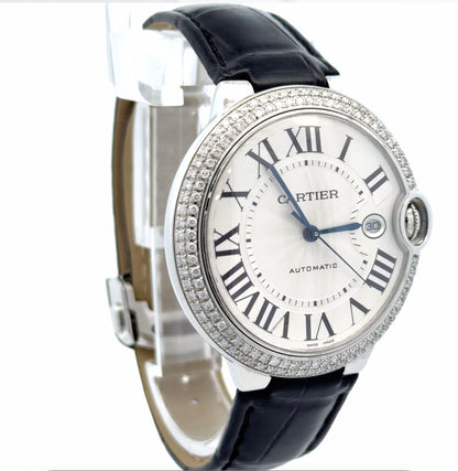 Mens Cartier Ballon Bleu 42mm Steel Diamond Watch