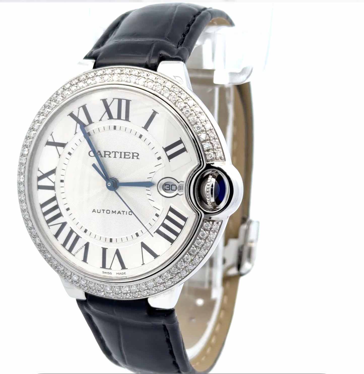 Mens Cartier Ballon Bleu 42mm Steel Diamond Watch