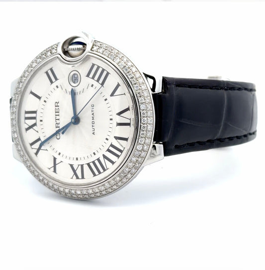 Mens Cartier Ballon Bleu 42mm Steel Diamond Watch