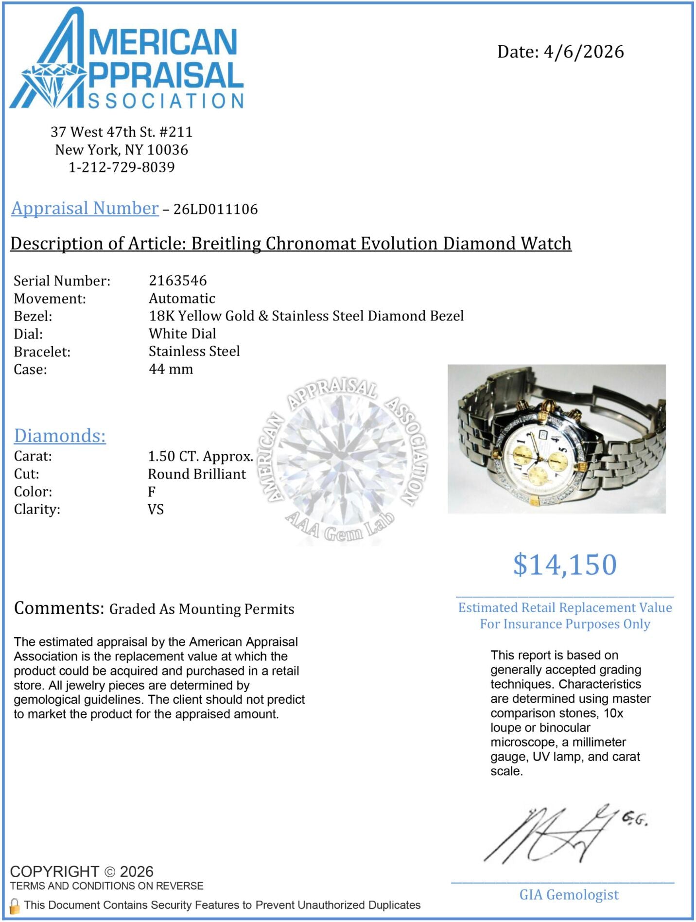 Mens Breitling Chronomat Evolution Chronograph 18K Yellow Gold/Steel Diamond Automatic Watch - 44mm