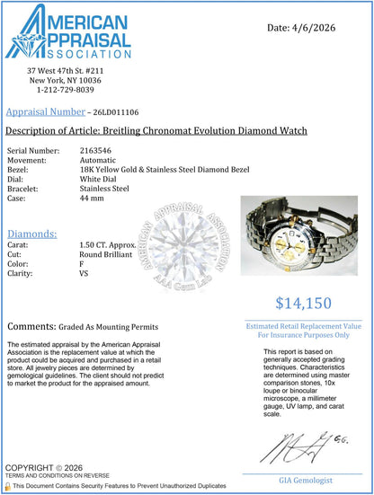 Mens Breitling Chronomat Evolution Chronograph 18K Yellow Gold/Steel Diamond Automatic Watch - 44mm